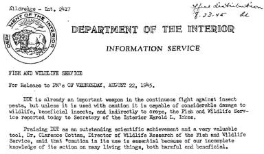 Header of FWS press release, Aug 22 1945