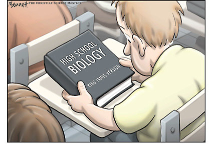 Clay Bennett cartoon from Christian Science Monitor, boy holding biology text, King James Version