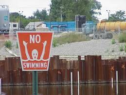 Warning sign near the old Velsicol plant where DDT was produced, on the Pine River, Michigan. The 1972 ban on DDT use in the U.S. was prompted by damage to wildlife and domestic animals; a 2009 conference noted that human health effects of DDT are also still of great concern, and perhaps cause alone for continuing the ban on DDT.