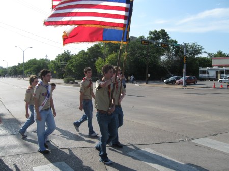 Scouts from Troop 355 and Pack 494 carry the colors in the Duncanville, Texas, 4th of July parade