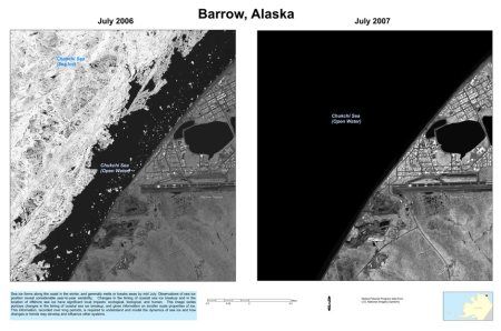 A comparison of polar sea ice at Barrow, Alaska -- July 2006 on the left, July 2007 on the right - public domain photo from U.S. military satellites.  