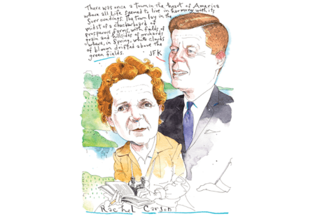 Rachel Carson persuaded President John Kennedy on her knowledge of oceans; it was the good science that hooked him. Illustration from Audubon Magazine: CARSON AND CAMELOT, Illustration by Joe Ciardiello