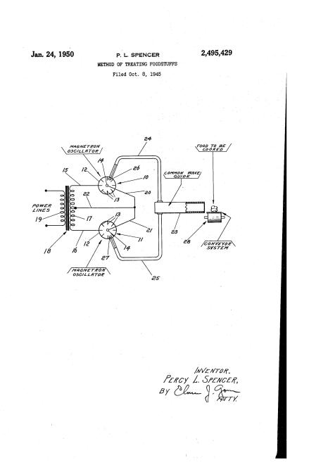 Microwave oven patent Percy L Stevens - US2495429 (drawing only)