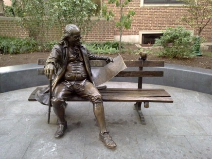 Ben Franklin reads to a bird, statue at the University of Pennsylvania - photo via Priyank