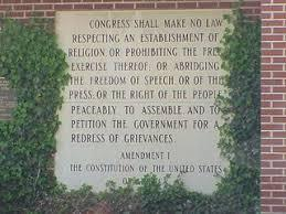 It's engraved in stone. The First Amendment, at the entrance to the Bremen Public Library in Bremen, Indiana. The Bremen Public Library serves the citizens of German Township in Marshall County, Indiana. Photo from Bremen Library.