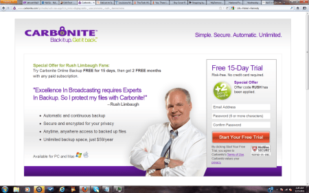 Rush Limbaugh endorses Carbonite on-line storage