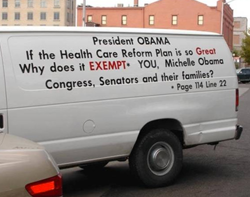 Van painted with hoax claim that Obama and Congress exempt from ObamaCare, Page 114 Line 22. Not so.