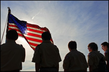 Boy Scouts from Troop 123 stand together during a Flag Day ceremony Thursday, June 14, 2012 at Veterans Memorial Park in Peru, Ill.