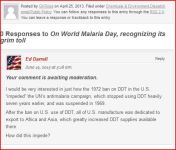 Screen capture of query to ACSH on how EPA's ban "impeded" WHO's campaign against malaria, ended years earlier.