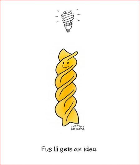 Mitra Farmand cartoon, a smiling fusilli has a lightbulb over its head, a CF curly lightbulb