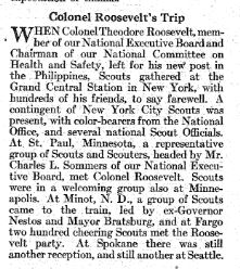 Account of Col. Theodore Roosevelt III's trip from New York to Seattle, in 1932 -- with Scouts meeting him at almost every stop.  Boys' Life, April 1932, page 58.