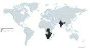 In black, the ten nations who used DDT in 2016, nine in Africa, and India. 43 nations used DDT in 2001. India pledges to stop manufacturing DDT by 2020. Map by Ed Darrell, using Mapchart.net