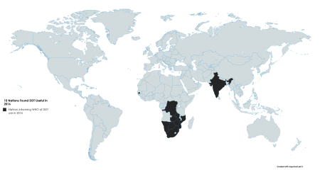In black, the ten nations who used DDT in 2016, nine in Africa, and India. 43 nations used DDT in 2001. India pledges to stop manufacturing DDT by 2020. Map by Ed Darrell, using Mapchart.net