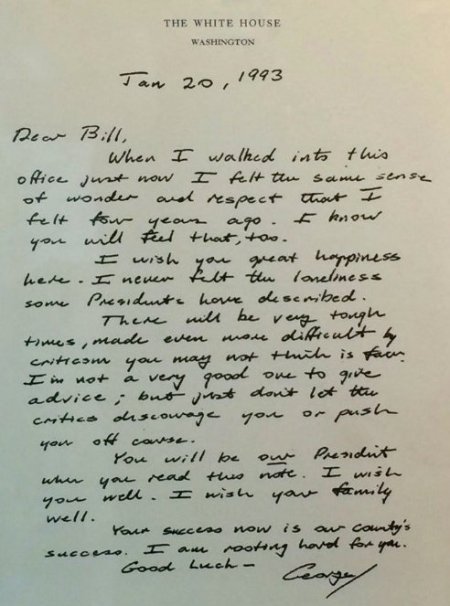 Letter from President George H. W. Bush to President Bill Clinton, January 20, 1993. Image via NBC News.