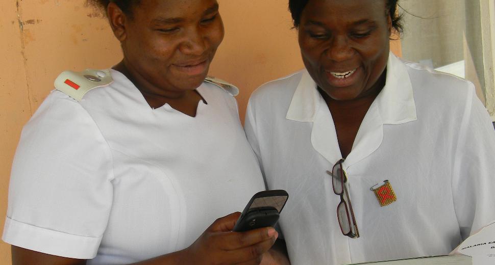 Health workers in Botswana use a cell phone to report malaria diagnoses and commencement of treatment, enabling real-time tracking of malaria outbreaks and rapid public health service responses. Photo from MalariaNoMore.