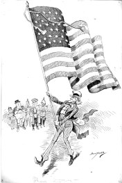 National Archives caption: This illustration entitled, “Flag Day - 1900”, by cartoonist Clifford Berryman, which appeared in the Washington Post on June 14, 1900, depicts the growth of American influence in the world as the European powers watch in the background as new century is ushered in.