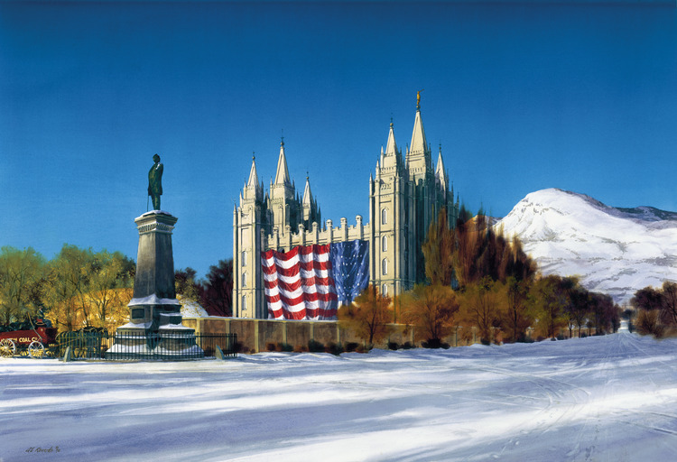 AlRounds.com, a painting and image sale site, have this painting for sale; it shows the Latter-day Saints' Temple in Salt Lake City, festooned as it was through 1896 with a giant U.S. flag -- hung backwards by today's standards. Painting probably by Al Rounds. 