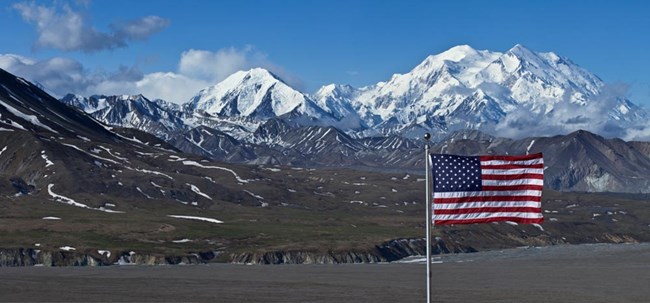 U.S. flag flying at the Eielson Visitor Center, Denali National Park, Alaska. National Park Service image