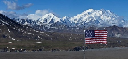 U.S. flag flying at the Eielson Visitor Center, Denali National Park, Alaska. National Park Service image