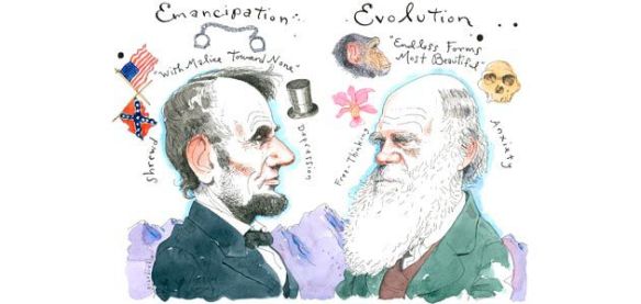 Illustration from Smithsonian Magazine, February 2009. Abraham Lincoln and Charles Darwin helped shape the modern world. (Illustration by Joe Ciardiello)