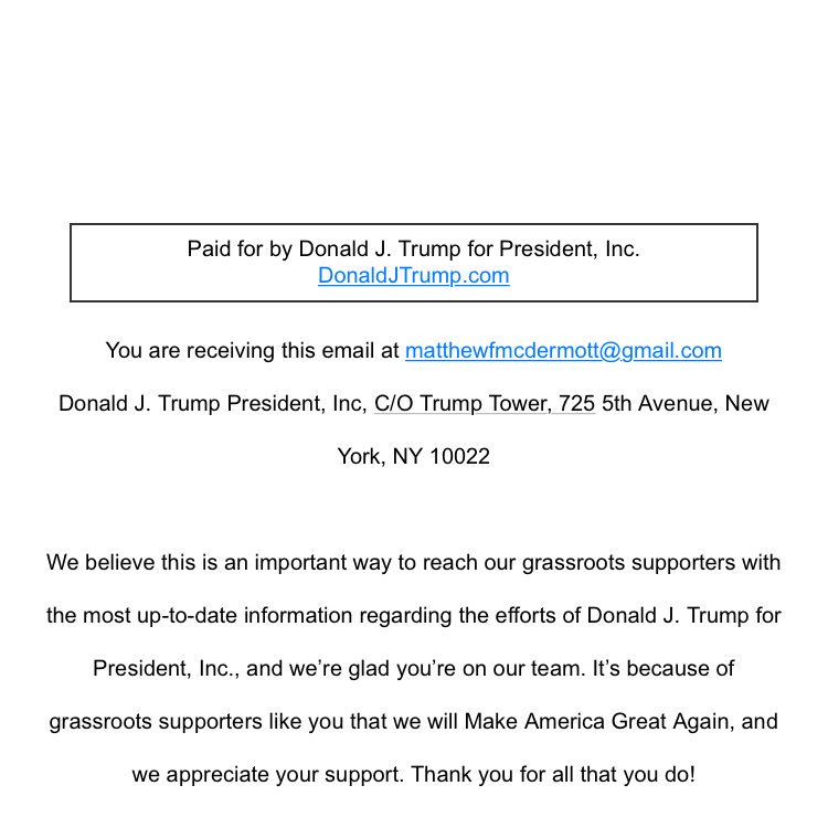 Page four of the campaign newsletter, making clear this repugnant money appeal is from the Trump campaign.