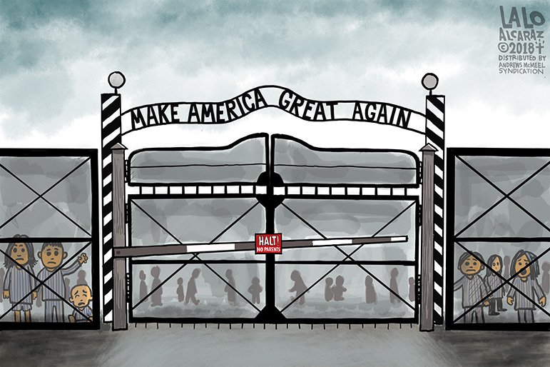 Lalo Alcaraz cartoon, what he saw at the child detention centers, June 19, 2018. Or something like that. Please share, he asks, for our #MAGA friends.