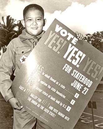 “On June 14, 1959, Boy Scout Milton Motooka helped get the word out for Hawaii’s statehood plebiscite to be held 13 days later. A new documentary will focus on Hawaii’s statehood.” Hawaiians voted yes in the plebiscite, and statehood was declared two months later. (Whatever became of Scout Motooka? See comments on last year’s post.)