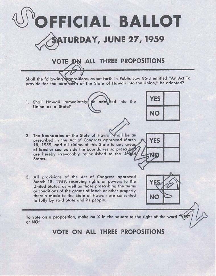 Specimen copy of the ballot used by Hawaiians in a June 27, 1959, plebiscite to approve conditions of statehood. Image from Hawaii Magazine, 2009