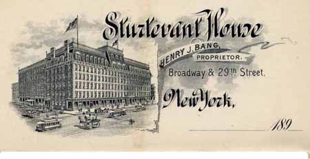 A postcard features the Sturtevant House in the 1890s, at Broadway and 29th Street. The hotel closed in 1903, the building no longer remains. Pinterest image.