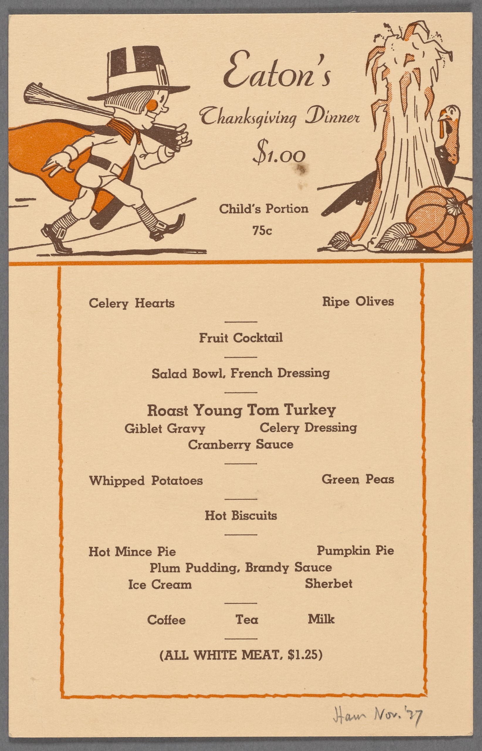 Thanksgiving menu from New York restaurant Eaton's, 1937. This looks like the "traditional" Thanksgiving menu. Who created it? NYPL Digital Collections