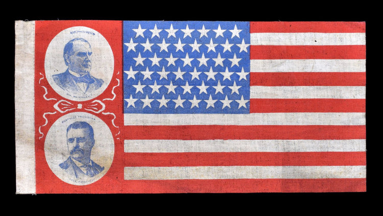 Rare 1900 campaign flag featuring portraits of President William McKinley and Vice President nominee Theodore Roosevelt. Such a display is contrary to the U.S. Flag Code today, but in 1900 there was no flag code, and not really much solid regulation on U.S. flags. Bonsell/Americana image.
