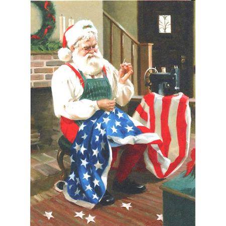 Tom Browning painting, Santa sewing a U.S. flag