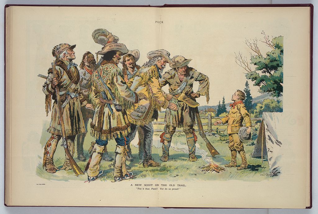 "A New Scout on the Old Trail," "Put her there, Pard! You do us proud." Image by Crawford Will, June 5, 1912; published by Keppler & Shwarzmann