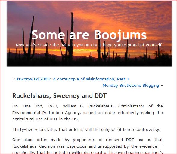 Masthead and first few sentences of Jim Easter's late, lamented blog Some Are Boojums, and his 2007 post on EPA Administrative Law Judge Edmund Sweeney's decision on DDT labels after several months and 9,000 pages of hearings.
