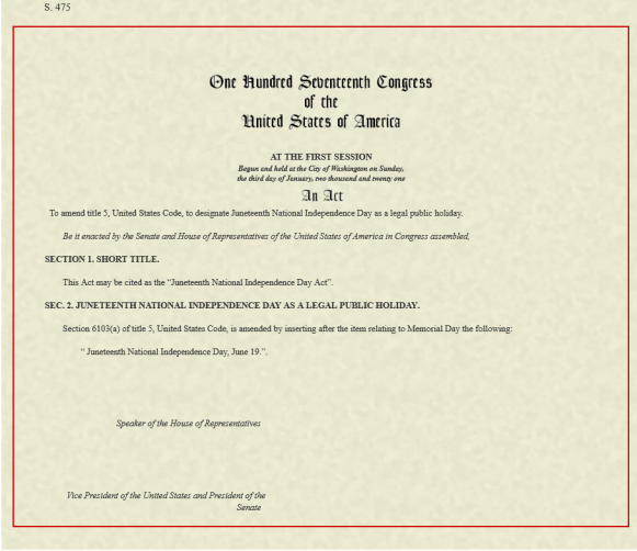 Text of S. 475, the Juneteenth national holiday bill, in its full text